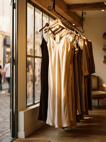 Low-angle cinematic shot of warm golden-hour light streaming through boutique windows, casting soft shadows on hanging silk dresses, shallow depth of field, 35mm film style