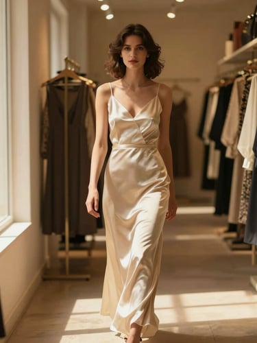 Cinematic medium shot of a woman in a flowing cream satin dress walking through a warm, sunlit boutique corridor, soft dramatic shadows, 35mm film.
