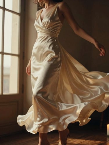 Cinematic medium-long shot of an elegant dress in motion, floating satin fabric catching warm golden-hour candlelight, deep espresso shadows, 35mm film