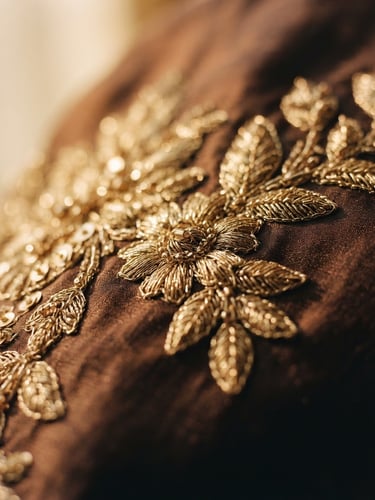 Extreme close-up of delicate gold embroidery on rich espresso silk, warm golden-hour window light, shallow depth of field, 35mm film.