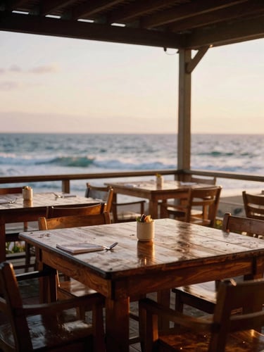 A portrait of the open-air dining deck at dawn, warm golden-hour sunlight reflecting off polished wooden tables, ocean waves in the background, 35mm