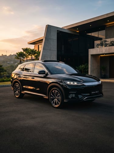 Sleek exterior of a black BYD Sealion 7 parked in front of a modern minimalist building in Bandung during golden hour, dramatic reflections on the metallic body, professional commercial automotive photography, 35mm.