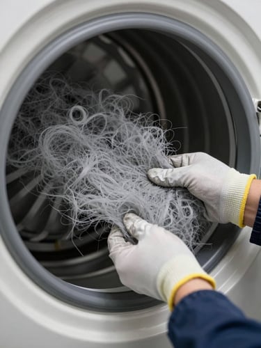 Close-up of a technician's gloved hands pulling a dense mat of grey lint from a dryer vent duct opening, natural indoor light, vent housing visible in background