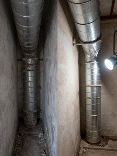 Split before-and-after view of a residential air duct interior: left half showing dark grey dust and debris coating the duct walls, right half showing the same duct after cleaning with clean bare metal visible, natural light from an inspection lamp