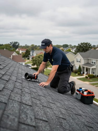 Wide-angle view of a uniformed PureAir360 technician on a residential rooftop inspecting shingles, overcast natural light, rooftop tools visible beside him, suburban neighborhood visible in soft background below
