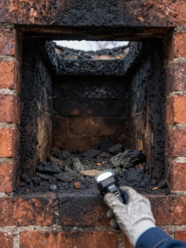 Close-up looking up into a brick chimney flue interior, blackened creosote coating visible on the walls, a technician's gloved hand holding an inspection light at the lower edge, natural daylight filtering from above