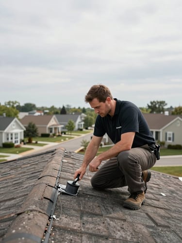 Wide shot of a PureAir360 technician on a residential rooftop in overcast natural light, crouching to inspect roof flashing with a tool in hand, suburban neighborhood visible in the background to the left, generous open sky on the right