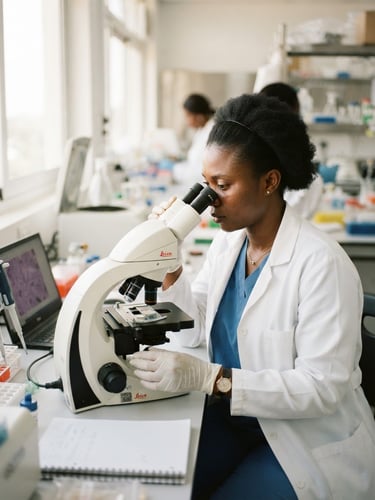 A professional African clinical researcher in a bright, modern laboratory setting, adjusting a microscope, soft natural daylight, 35mm