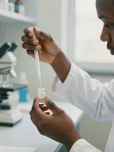 Close-up of hands-on scientific work, an African researcher carefully pipetting a solution into a vial in a clean, professional clinical environment, bright natural daylight, authentic documentary style, 35mm.