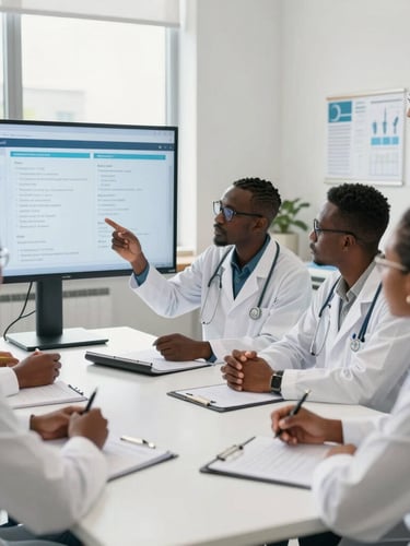 A collaborative research meeting in a clean, modern clinical office, African medical professionals and ethics board members discussing data charts on a screen, bright natural daylight, authentic documentary style.