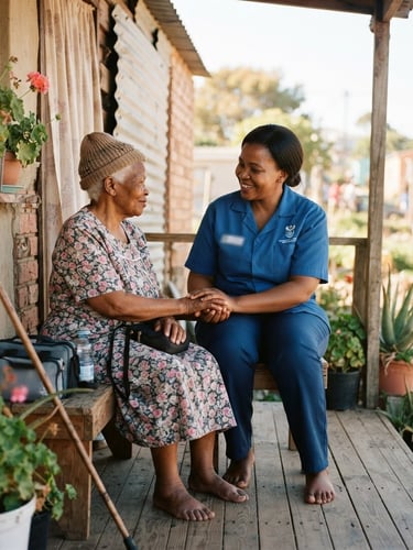 A warm editorial photograph of a South African community health worker sitting with an elderly patient on a porch, bright natural morning light, soft depth of field, authentic documentary style.