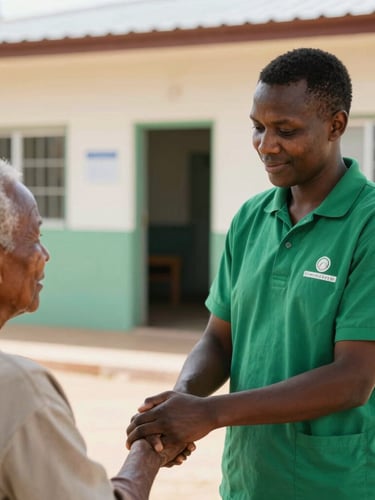 A warm editorial medium shot of a South African community health worker in a green polo shirt gently holding the hand of an elderly patient outside a clean local clinic, bright natural daylight, shallow depth of field