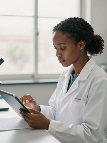 A professional, bright laboratory in Johannesburg, a female African scientist in a white coat carefully reviewing clinical trial documentation on a tablet, soft natural daylight from a large window, shallow depth of field.
