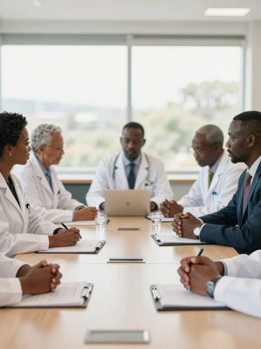 A professional collaborative meeting of African clinical researchers and health officials in a bright, modern conference room in Johannesburg, soft natural daylight, shallow depth of field.