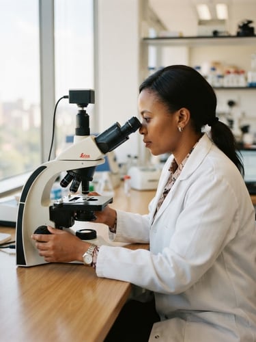 A medium shot of an African female scientist in a bright, modern laboratory setting in Johannesburg, adjusting a microscope with soft natural window light, warm editorial photography, shallow depth of field, 35mm.