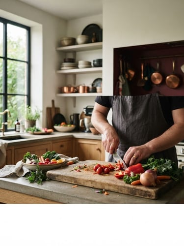 Wide panoramic shot of a rustic yet modern Scandinavian-inspired kitchen, a chef's hands preparing fresh, vibrant vegetables on a wooden cutting board, soft diffused natural daylight from a large window, moody shadows, shallow depth of field, rich crimson and forest green tones in the background elements.
