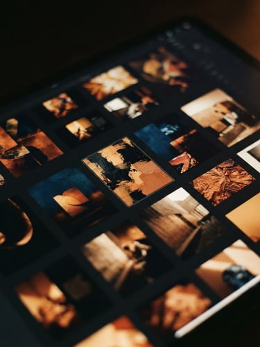 Close-up of a digital design interface, displaying a high-contrast thumbnail layout under warm low-key ambient lighting, 35mm style