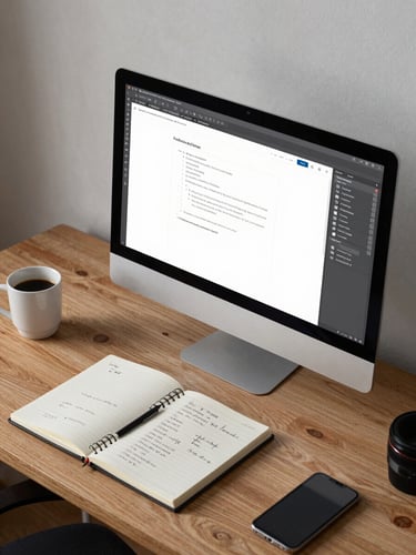 Overhead shot of a studio desk under working light — a monitor showing a partially built webpage layout, a notebook with handwritten annotations beside it, a coffee cup at the left edge, the scene captured mid-session with no staging