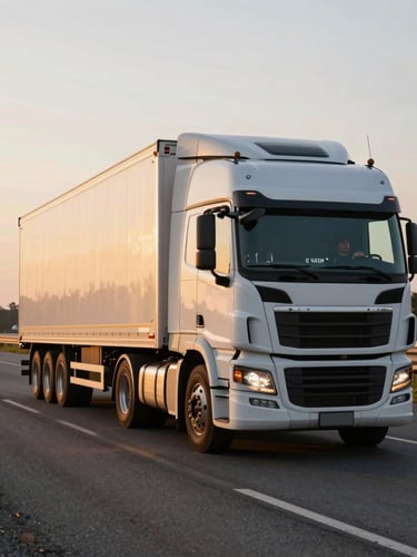 Close environmental shot of a loaded semi-truck on a regional highway at dawn, driver visible through windshield completing pre-trip check, golden hour light raking across the cab and cargo straps, asphalt stretching left into the frame