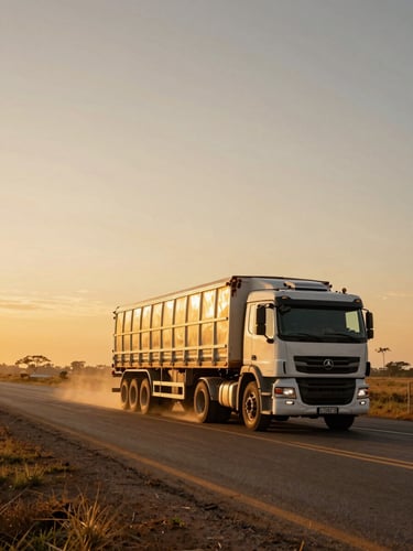 Wide environmental shot, a heavy-duty cargo truck loaded and moving on a regional Brazilian highway at golden hour, truck positioned to the right third of frame, expansive amber sky and open road stretching left, dust catching low-angle light