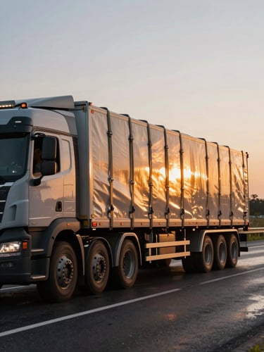 Close environmental shot of a loaded flatbed truck secured with cargo straps on a regional highway at dusk, driver visible in silhouette through the cab window, warm amber light raking across the cargo, asphalt wet from recent rain, low horizon