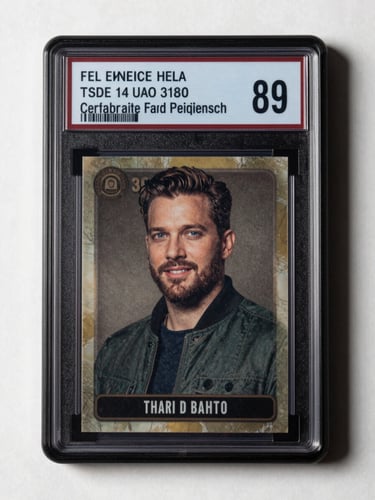 Extreme close-up of a graded trading card sealed in a black-labeled authentication holder, studio strobe lighting from directly above, perfectly even shadowless illumination, numeric grade label sharply in focus, white surface beneath, no background detail