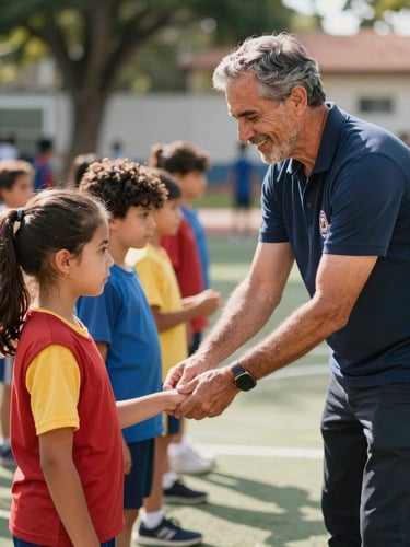 Um professor de educação física sorridente organizando uma fila de crianças com coletes esportivos coloridos em um pátio ensolarado.