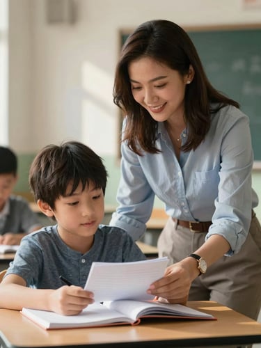 Medium shot of a specialized female educator in a warm, sunlit classroom guiding a young boy with his notebook, both smiling naturally, soft afternoon light