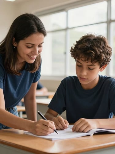 Uma monitora sorridente auxiliando um adolescente a resolver uma tarefa escolar em uma mesa de madeira clara, luz natural da tarde entrando pela janela.