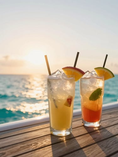 Close-up of fresh tropical drinks with ice and fruit on a catamaran's wooden deck, sun setting in the background, soft golden hour light, relaxed atmosphere, editorial travel aesthetic.