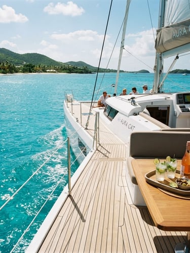 Catamarán moderno navegando en aguas turquesas brillantes, con el sol del mediodía caribeño, vista de la cubierta de teca con bebidas frescas, a la derecha de la composición.