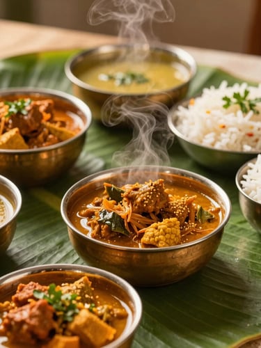 Warm editorial close-up of a traditional South Indian banana leaf feast, vibrant curries, steaming basmati rice, gleaming brass bowls, warm side lighting, shallow depth of field