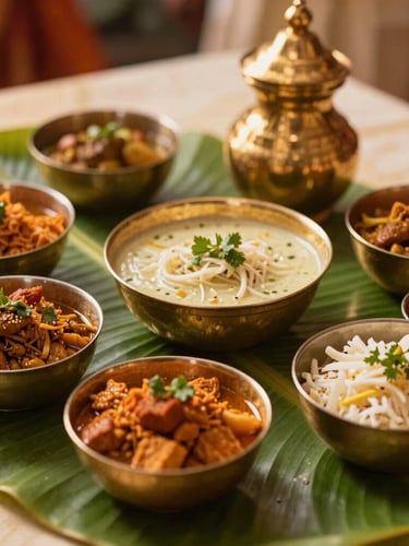 An elegant close-up of a traditional South Indian wedding feast, vibrant dishes arranged on a fresh banana leaf, gleaming brass vessels, warm golden-hour ambient lighting, shallow depth of field, 35mm.