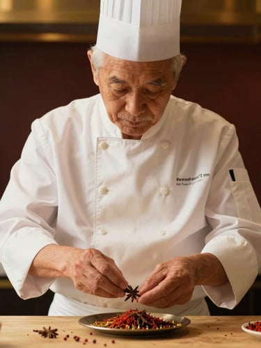An elderly master chef in clean attire carefully selecting spices, warm low-key lighting, rich deep tones with gold accents