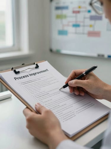 Close-up of hands reviewing a process improvement document on a clipboard, hospital whiteboard with flowchart visible in the background, natural window light from the left, clinical work table surface