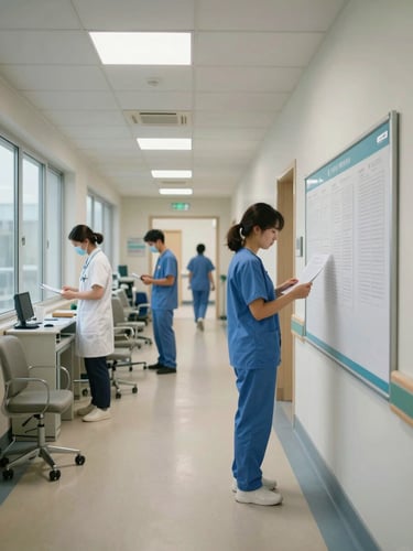 Wide environmental shot of a hospital corridor during active morning shift, clinical staff in profile reviewing a document on a wall-mounted board, natural window light from the left, fluorescent overhead, no posed subjects