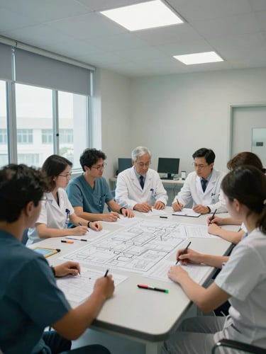 Wide shot of a hospital meeting room, clinical team seated around a table reviewing printed process maps, overhead fluorescent lighting, natural light from a side window, documents and markers visible on the table surface