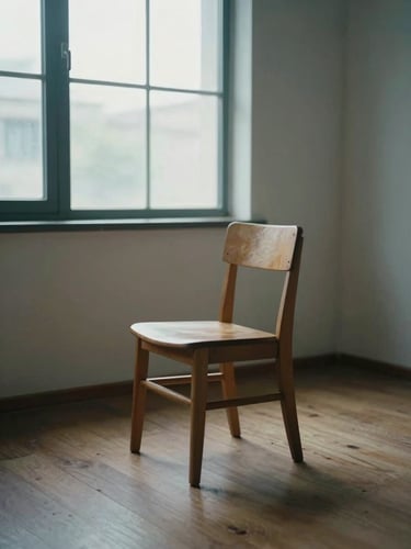 Wide interior shot from inside a room, a single wooden chair positioned near a tall window, cool north-facing daylight falling across the empty seat and bare floorboards, soft shadow at the room's edge, no figures present