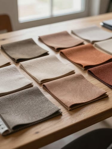 Close-up of fabric and finish material samples arranged on a light wooden work table, swatches of warm neutrals and terracotta tones, a measuring tape partially visible at the edge, overcast window light from above, no people, tight editorial framing