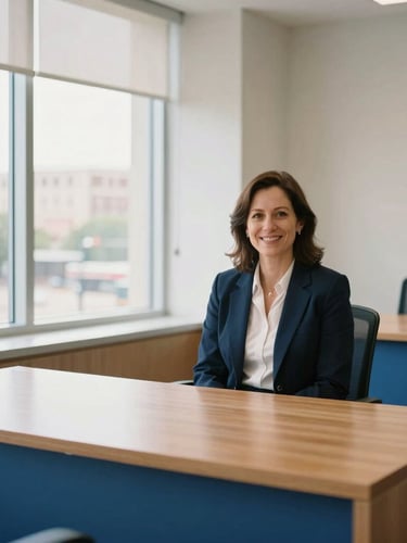 A vertical portrait of a warm professional office interior in downtown Fort Worth, natural Texas daylight streaming through windows, tidy wooden desk, clean corporate blue accents, 35mm