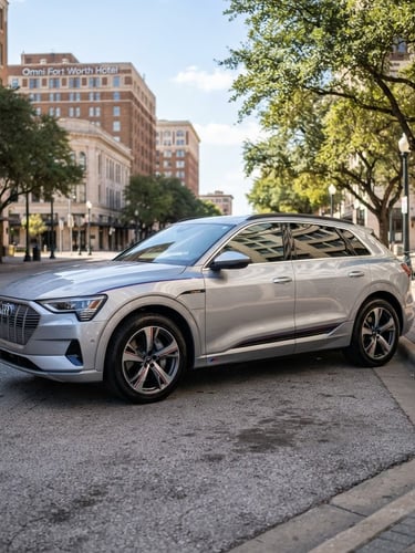 A vertical portrait of a clean modern vehicle parked along a quiet downtown Fort Worth street, bright natural Texas daylight, sharp focus, 35mm