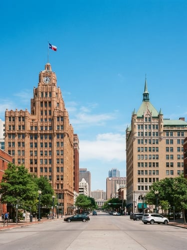 Bright professional photography of downtown Fort Worth historic buildings under clear Texas daylight, clean composition with generous negative space