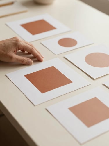 A close-up of a designer's hand arranging minimalist brand layout prints on a warm cream-colored table, soft natural morning light, editorial style