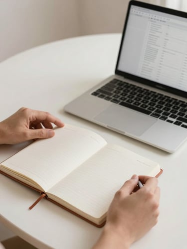 Warm editorial photography of a minimalist workspace. Hands organizing a linen planner next to a sleek laptop displaying clean design grids. Soft diffused natural daylight, cream and terracotta tones, clean minimalist composition, 35mm lens.