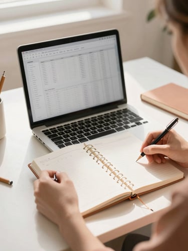 A bright, clean creative workspace with a laptop showing a clean design grid, hands organizing a physical planner, warm natural morning light, minimalist composition, 35mm lens.