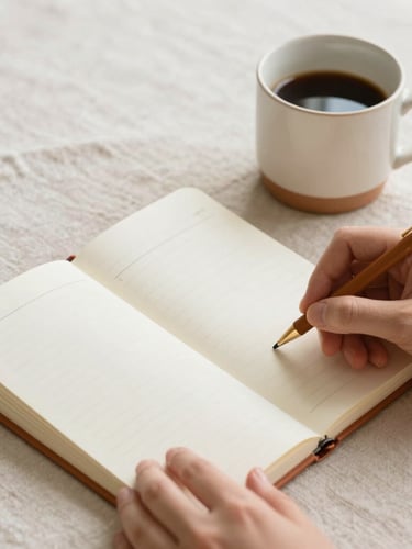 Hands organizing a physical planner next to a ceramic coffee mug on a light linen surface, soft natural daylight, warm editorial photography.