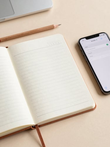A top-down view of a neatly arranged desk with a notebook showing content wireframes, a pencil, and a smartphone displaying a clean layout, warm lighting