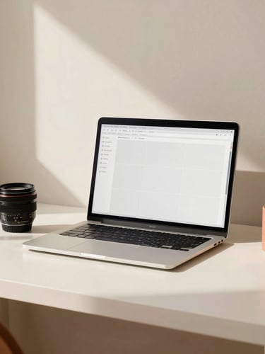 A warm, minimalist creative workspace with a laptop displaying a clean grid layout, soft natural daylight casting gentle shadows, terracotta accents, 35mm lens.