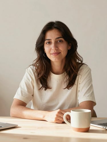 A warm, natural portrait of a creative entrepreneur working in a soft-lit office in Guadalajara, ceramic mug on desk, soft sunlight, minimalist aesthetic.