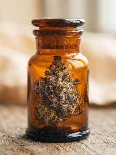 Macro close-up of a pristine, trichome-rich cannabis flower bud in an elegant amber glass jar, soft natural window light, warm cream background, 35mm photography